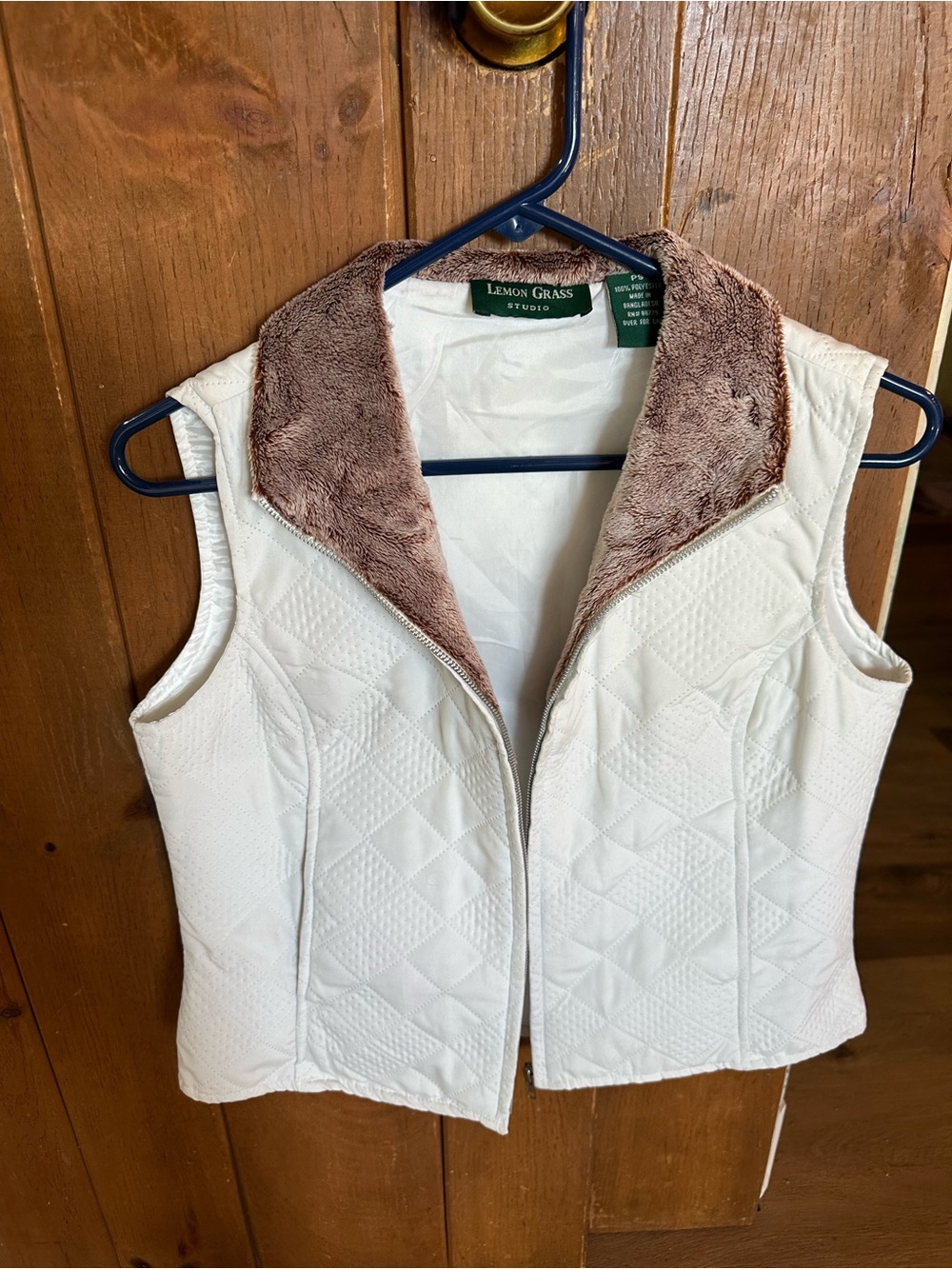 Women's Cream Quilted Vest with Faux Fur Collar